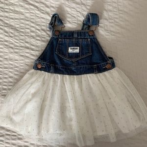 Denim overall dress with white tulle tutu